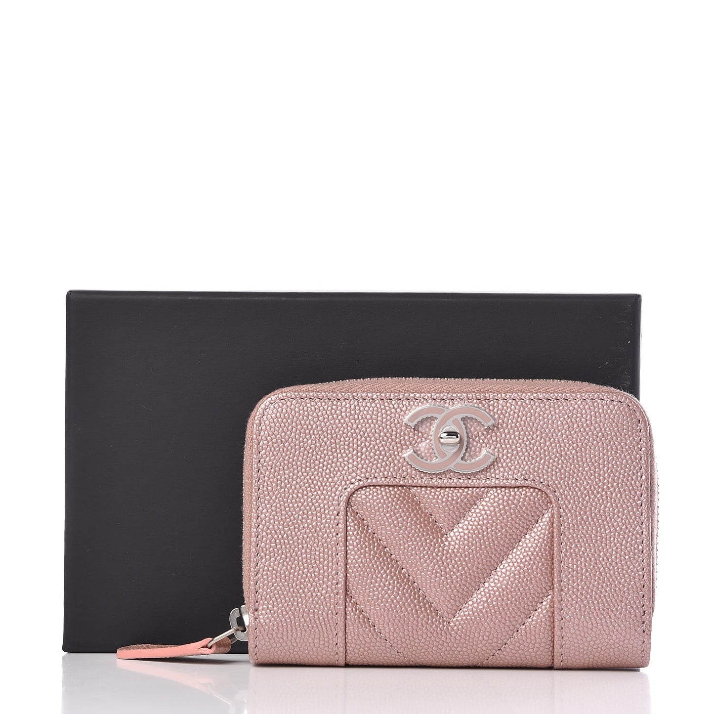 Metallic Caviar Chevron Quilted Vintage Mademoiselle Zip Coin Purse Pink