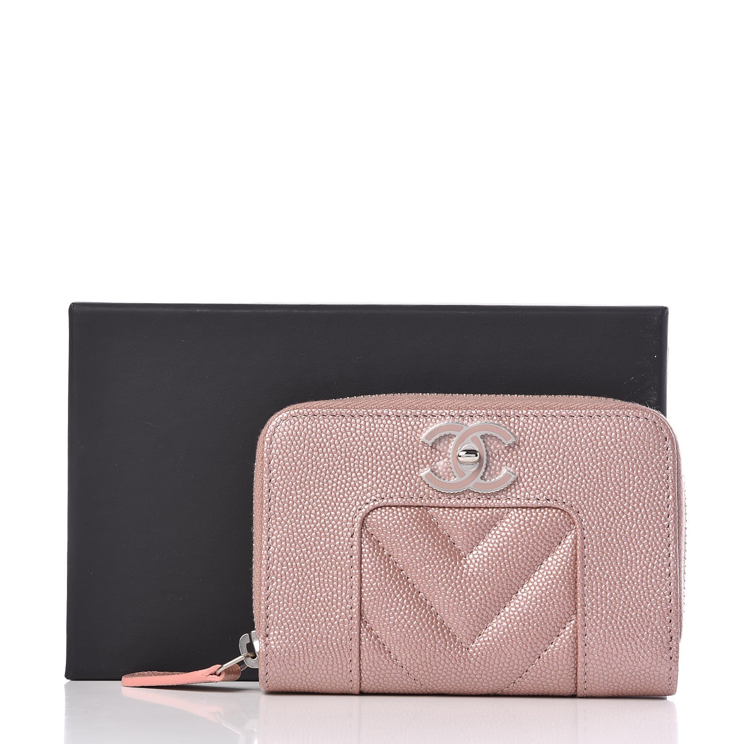 Chanel Metallic Caviar Chevron Quilted Vintage Mademoiselle Zip Coin Purse Pink 8 of 8