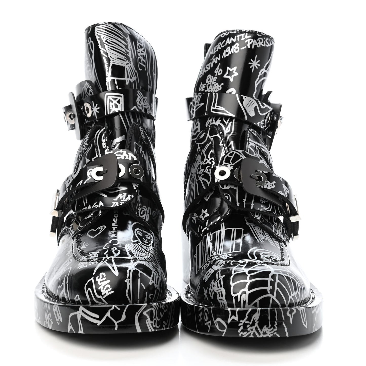 Calfskin Graffiti Buckled Platform Booties 39.5 Black