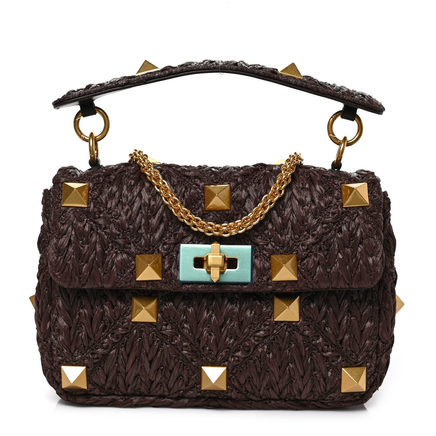 Valentino Garavani Raffia Effect Medium Roman Stud Shoulder Bag Fondant 1 of 8