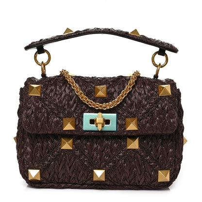 Valentino Garavani Raffia Effect Medium Roman Stud Shoulder Bag Fondant 1 of 8