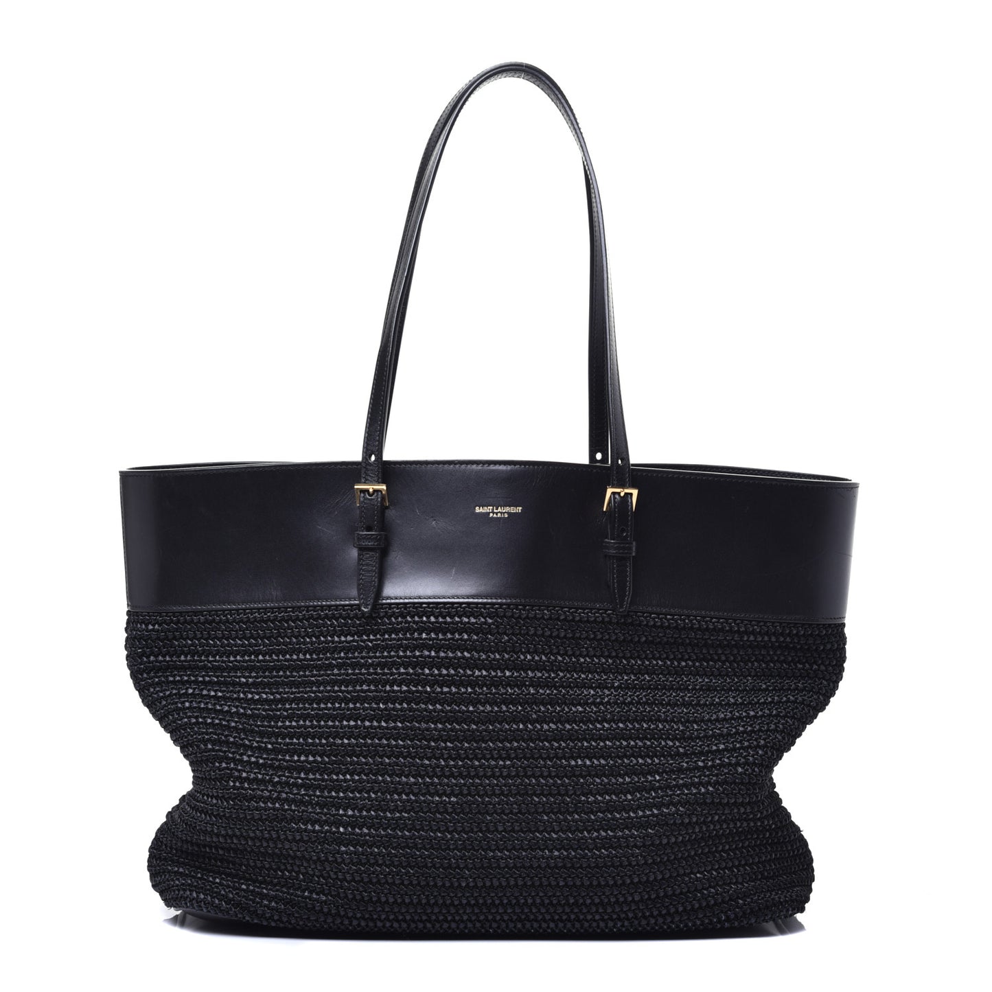 Calfskin Raffia Medium Shopper Tote Black