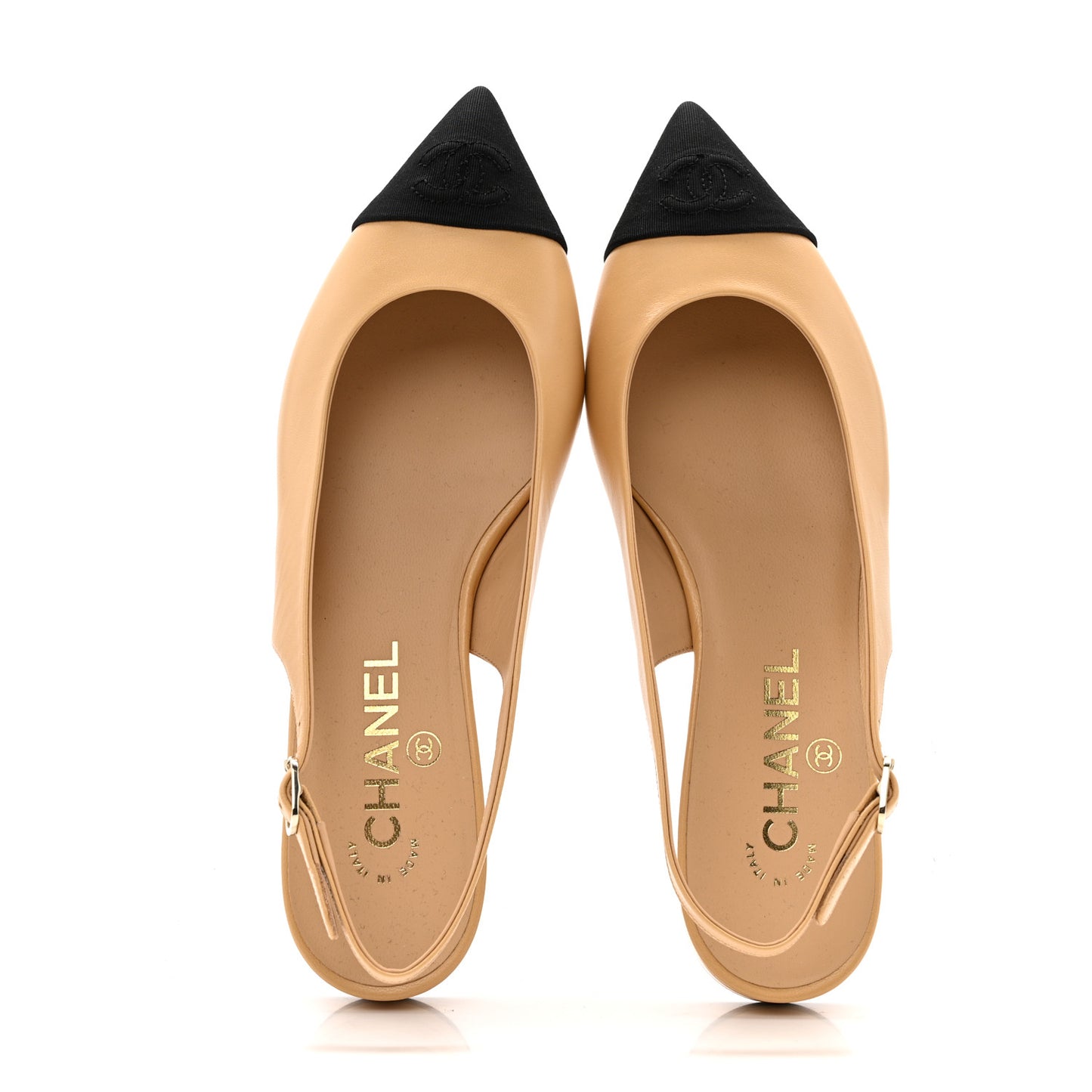 Goatskin Grosgrain Pointed Toe CC Slingback Flats 36.5 Beige Black