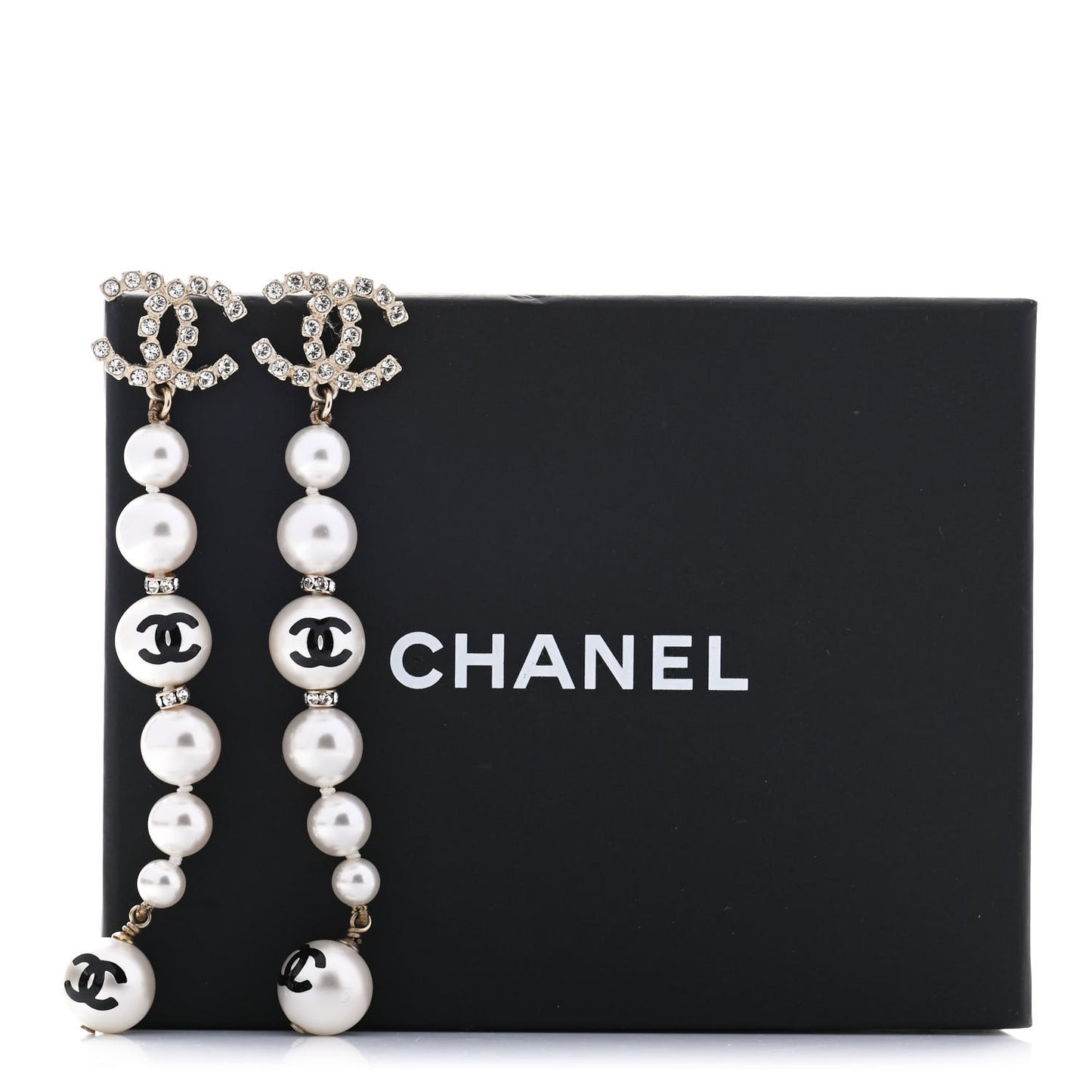 Pearl Crystal Coco's Pearls CC Long Drop Earrings Pearly White Gold Black