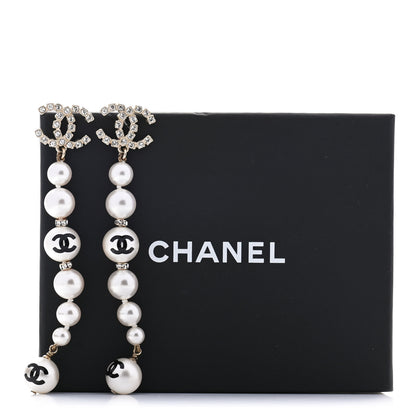 Chanel Pearl Crystal Coco's Pearls CC Long Drop Earrings Pearly White Gold Black 5 of 5