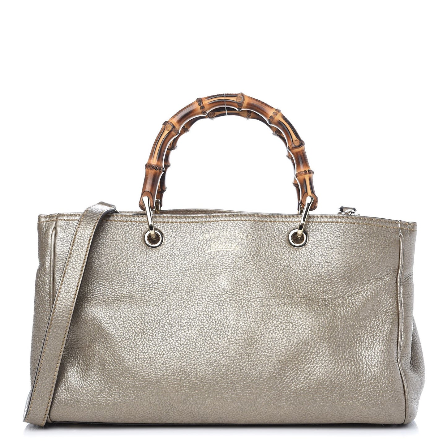 Metallic Pebbled Calfskin Medium Bamboo Shopper Tote Golden Beige