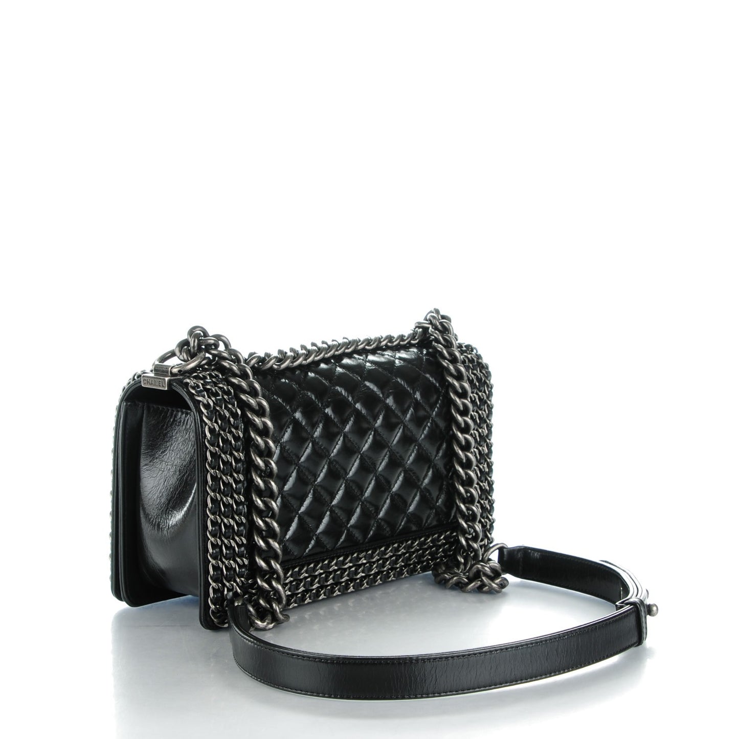 Glazed Calfskin Quilted Medium Boy Chained Flap Black