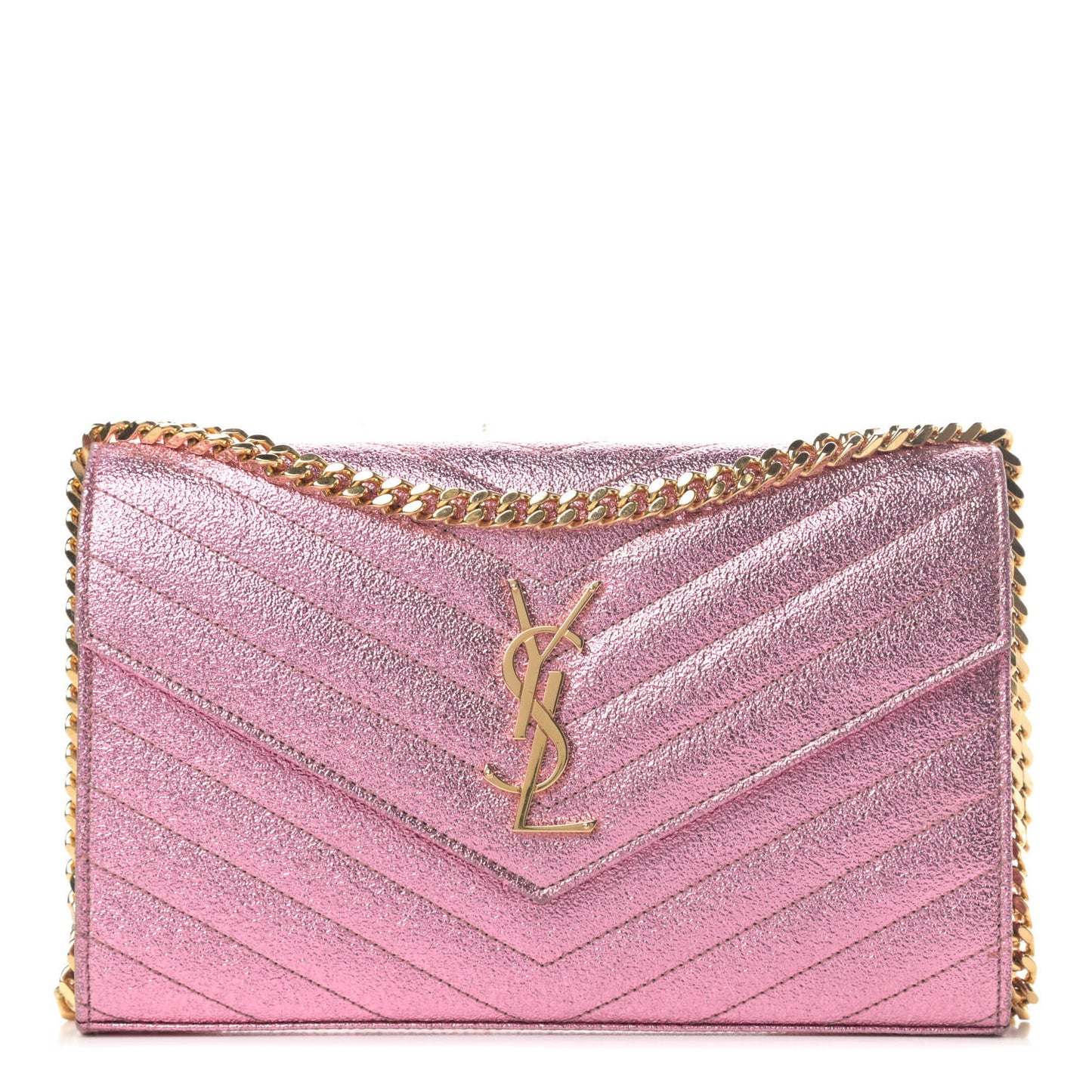 Metallic Crackled Calfskin Matelasse Chevron Monogram Chain Wallet Light Pink