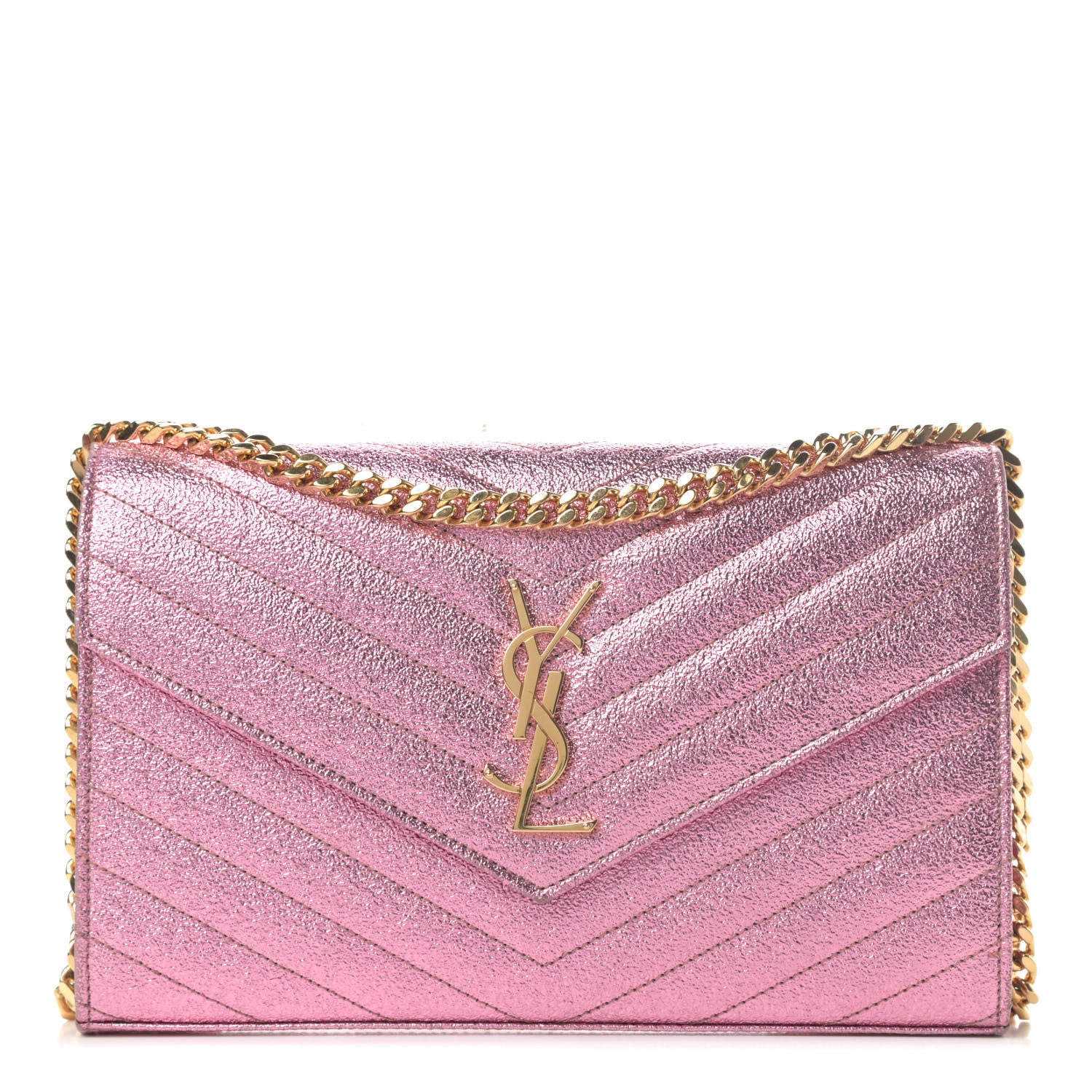 Saint Laurent Metallic Crackled Calfskin Matelasse Chevron Monogram Chain Wallet Light Pink 1 of 5