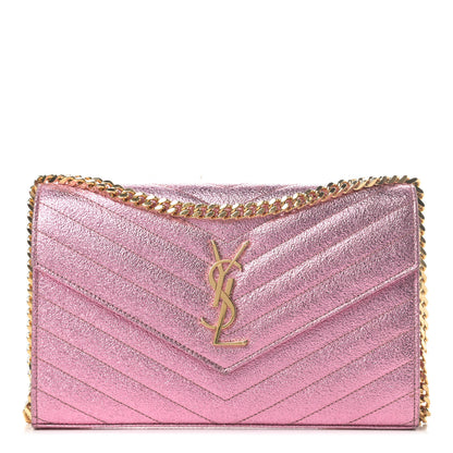 Saint Laurent Metallic Crackled Calfskin Matelasse Chevron Monogram Chain Wallet Light Pink 1 of 5