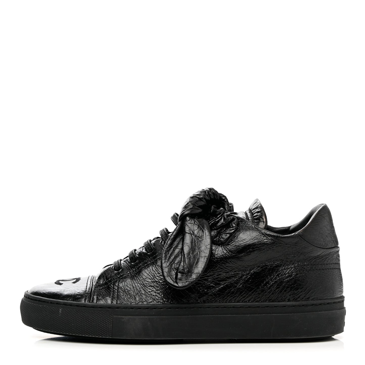 Crumpled Calfskin Womens CC Bow Sneakers 37 Black