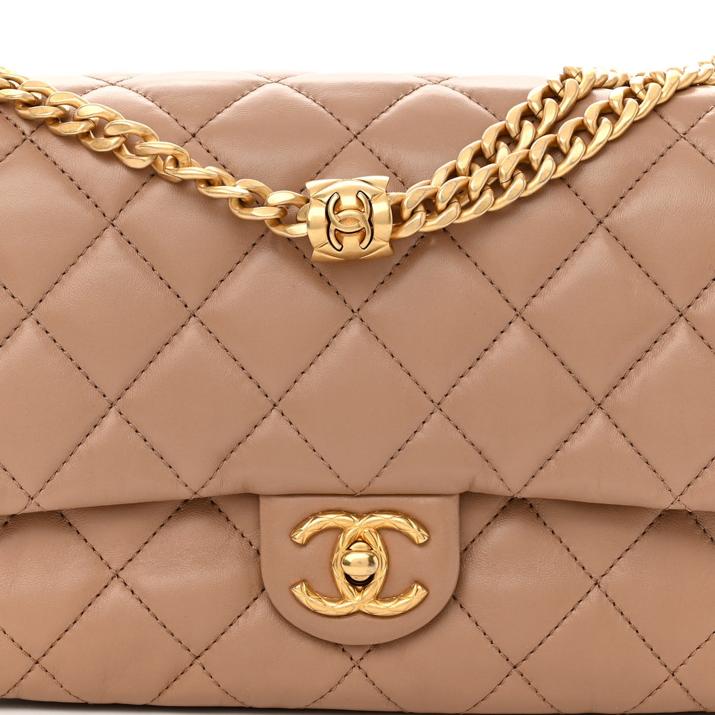 Lambskin Quilted Medium Pillow Crush Flap Beige