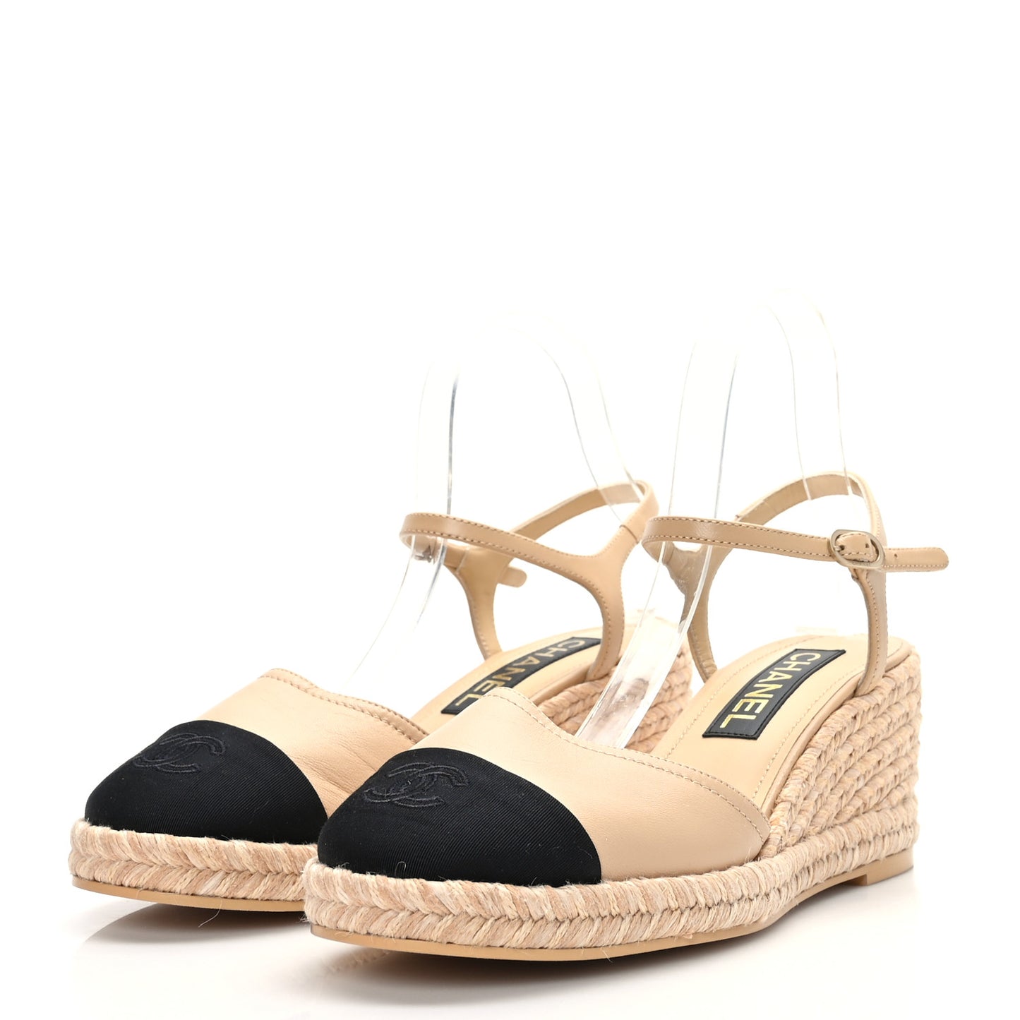Lambskin Grosgrain CC Espadrilles Wedges 39 Beige Black