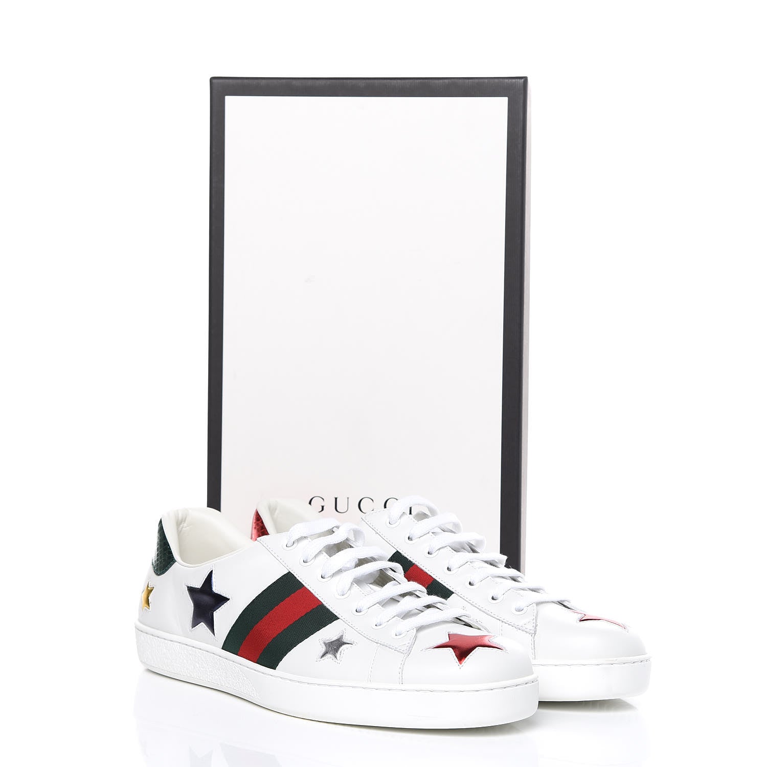 Gucci Calfskin Ayers Web Star Embroidered Mens Ace Sneakers 10 White Multi 10 of 10