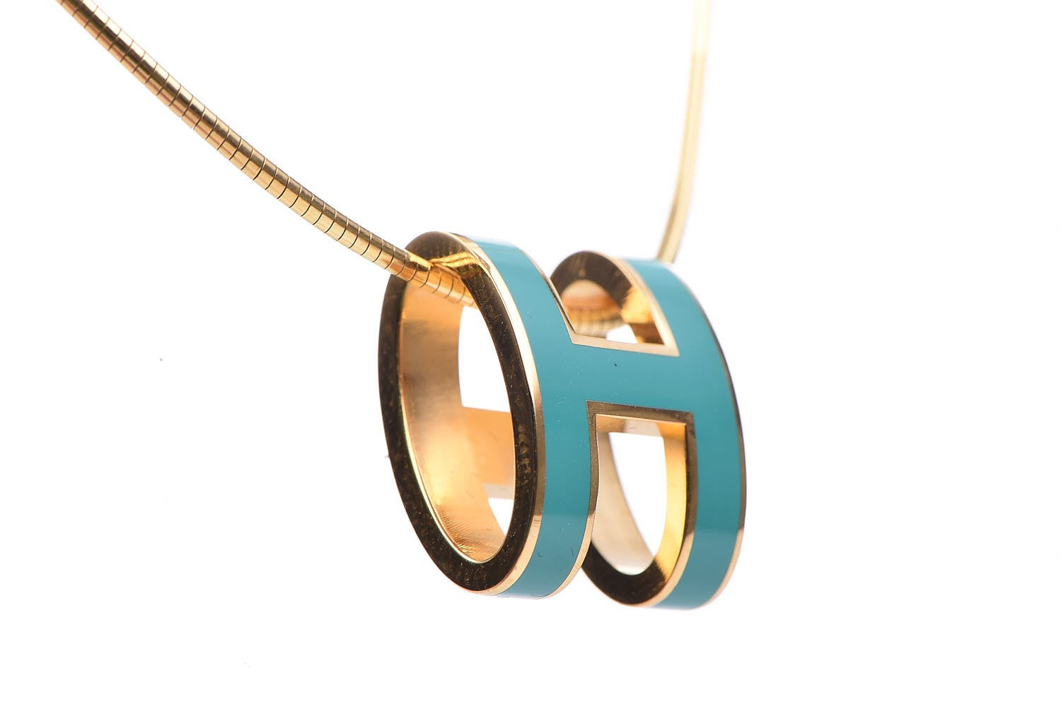 Hermes Lacquered Gold Pop H Pendant Necklace Turquoise 4 of 9