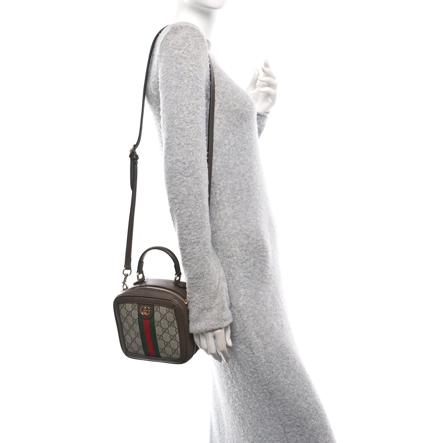 Gucci GG Supreme Monogram Textured Dollar Calfskin Mini Ophidia Top Handle Square Shoulder Bag Beige Ebony New Acero 2 of 12