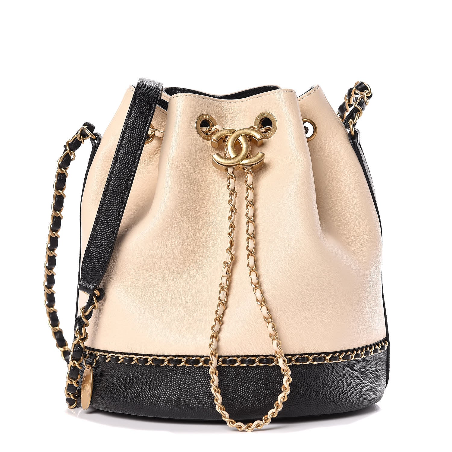 Chanel Lambskin Caviar Lovely Chains Drawstring Bag Beige Black 1 of 16