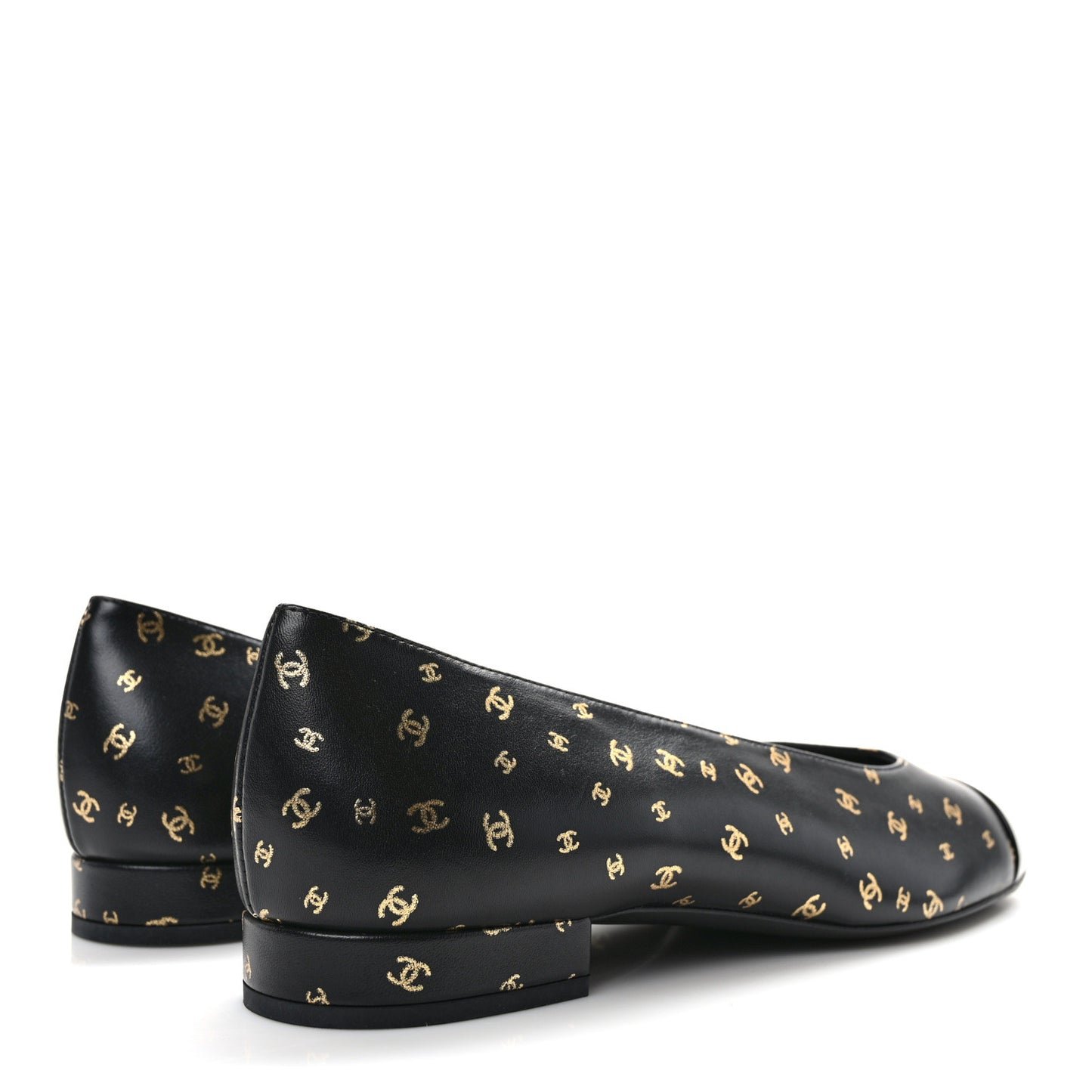 Lambskin Patent Calfskin Printed CC Cap Toe Ballerina Flats 37 Black Gold