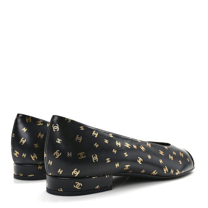 Chanel Lambskin Patent Calfskin Printed CC Cap Toe Ballerina Flats 37 Black Gold 4 of 8