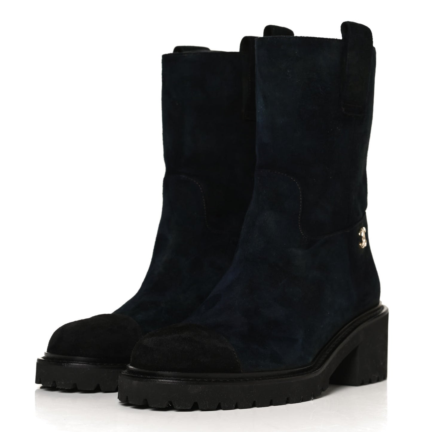 Suede Calfskin CC Cap Toe Boots 36 Navy Black