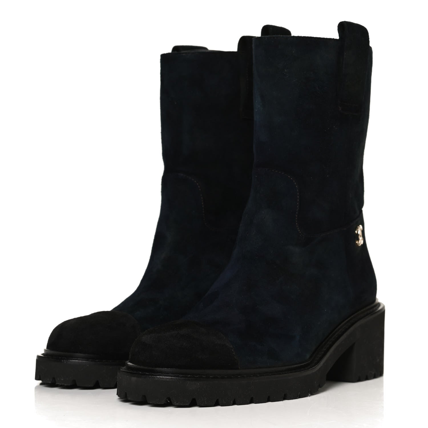 Chanel Suede Calfskin CC Cap Toe Boots 36 Navy Black 3 of 13