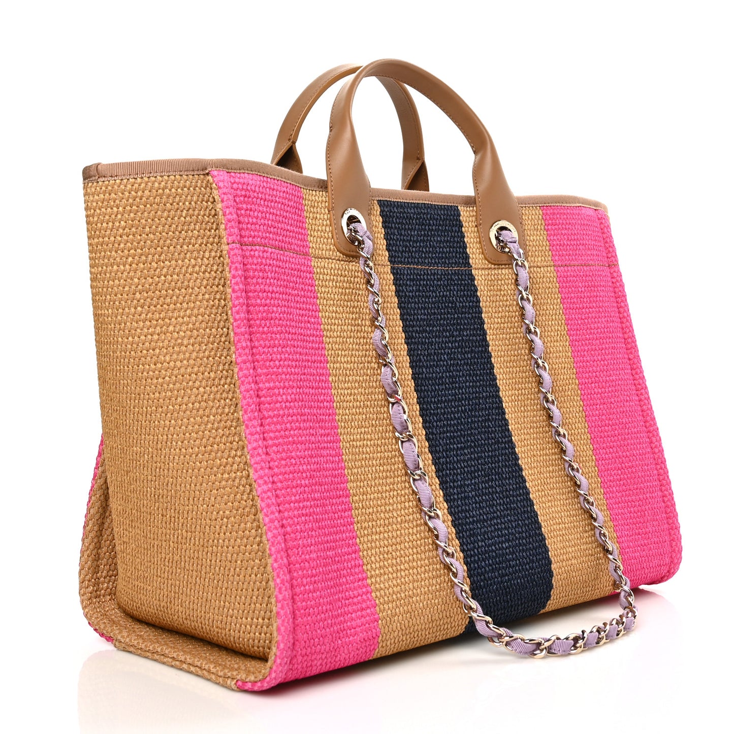 Straw Raffia Calfskin Striped Medium Deauville Tote Dark Beige Fuchsia Navy Blue