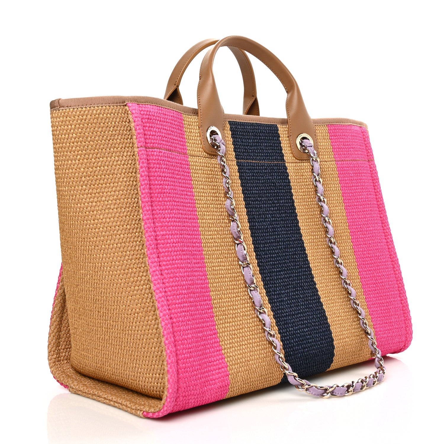 Chanel Straw Raffia Calfskin Striped Medium Deauville Tote Dark Beige Fuchsia Navy Blue 3 of 10