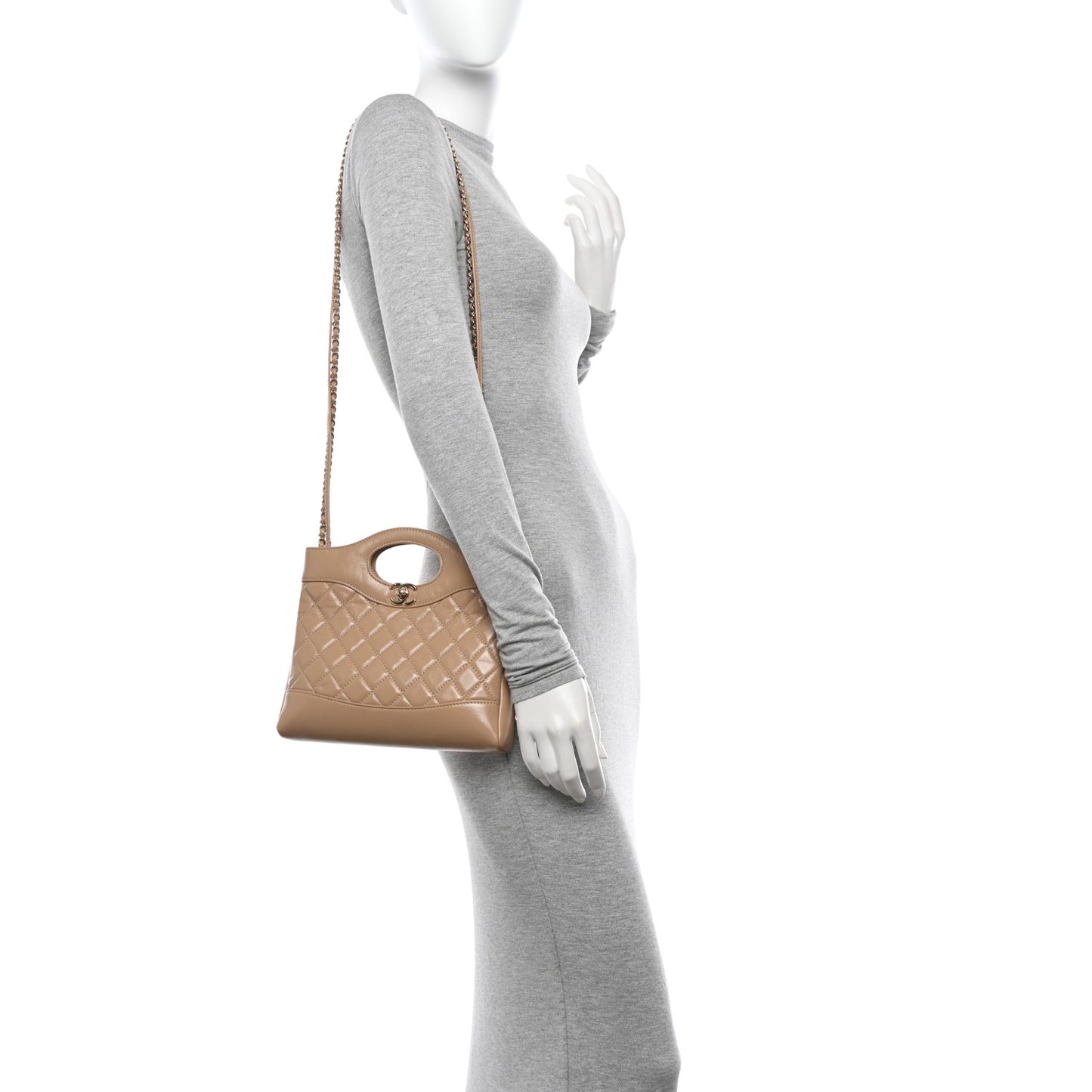 Shiny Crumpled Calfskin Quilted Mini 31 Shopping Bag Dark Beige