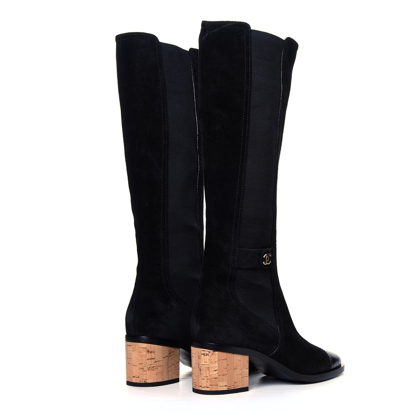 Suede Patent Calfskin CC Cork Cap Toe Tall Boots 39.5 Black