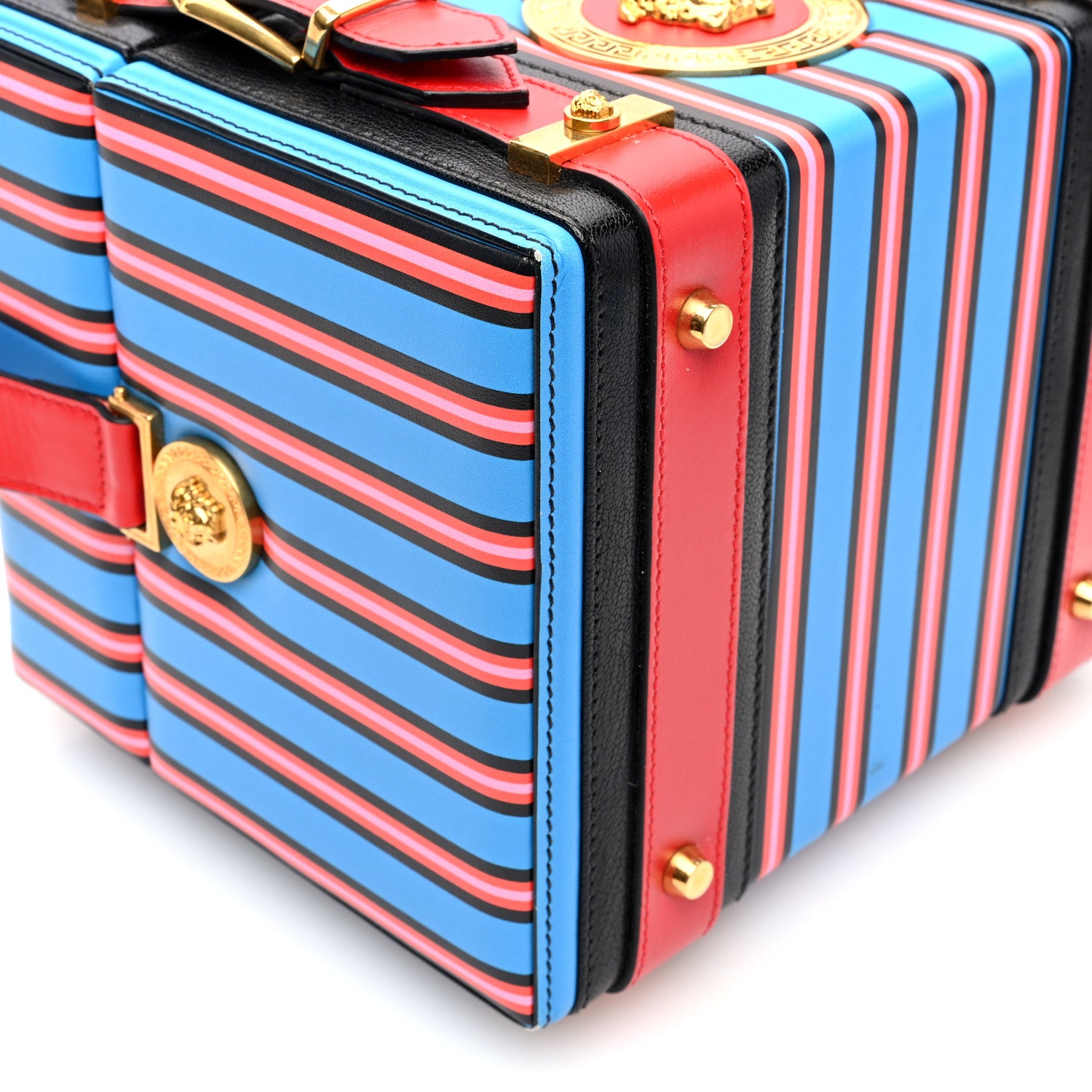 Versace Calfskin Medusa Vanity Stripe Train Case Blue Red Multicolor 8 of 9