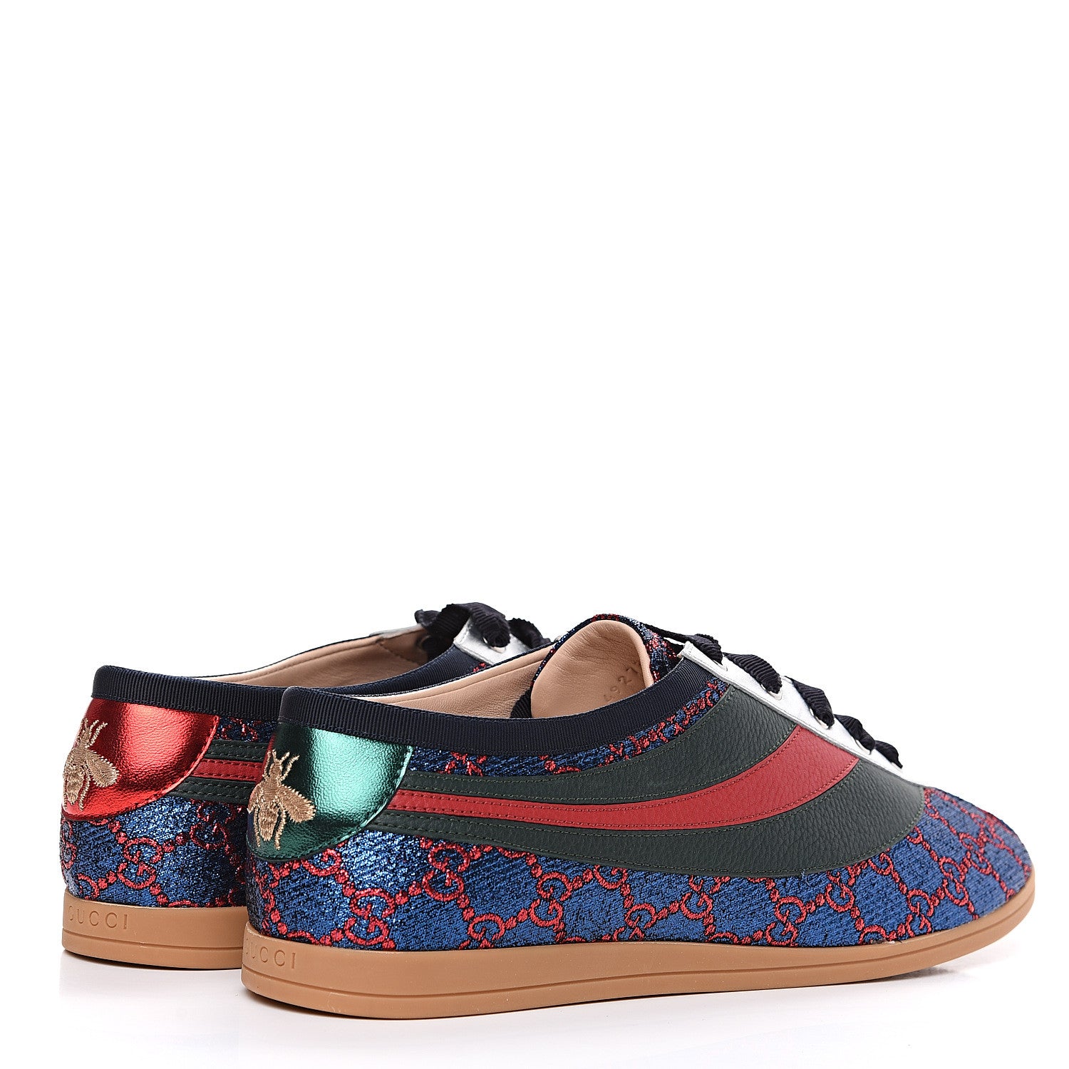 Gucci Lurex Calfskin Web GG Monogram Mens Falacer Sneakers 8.5 Iridescent Blue Iridescent Red Silver 4 of 10