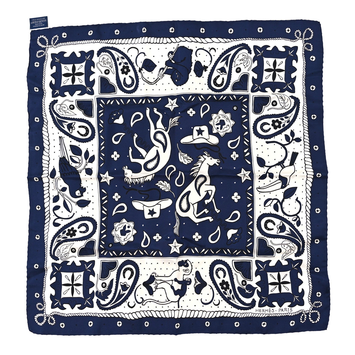 Hermes Silk Animaux Bandana 55 Marine Black White 1 of 3