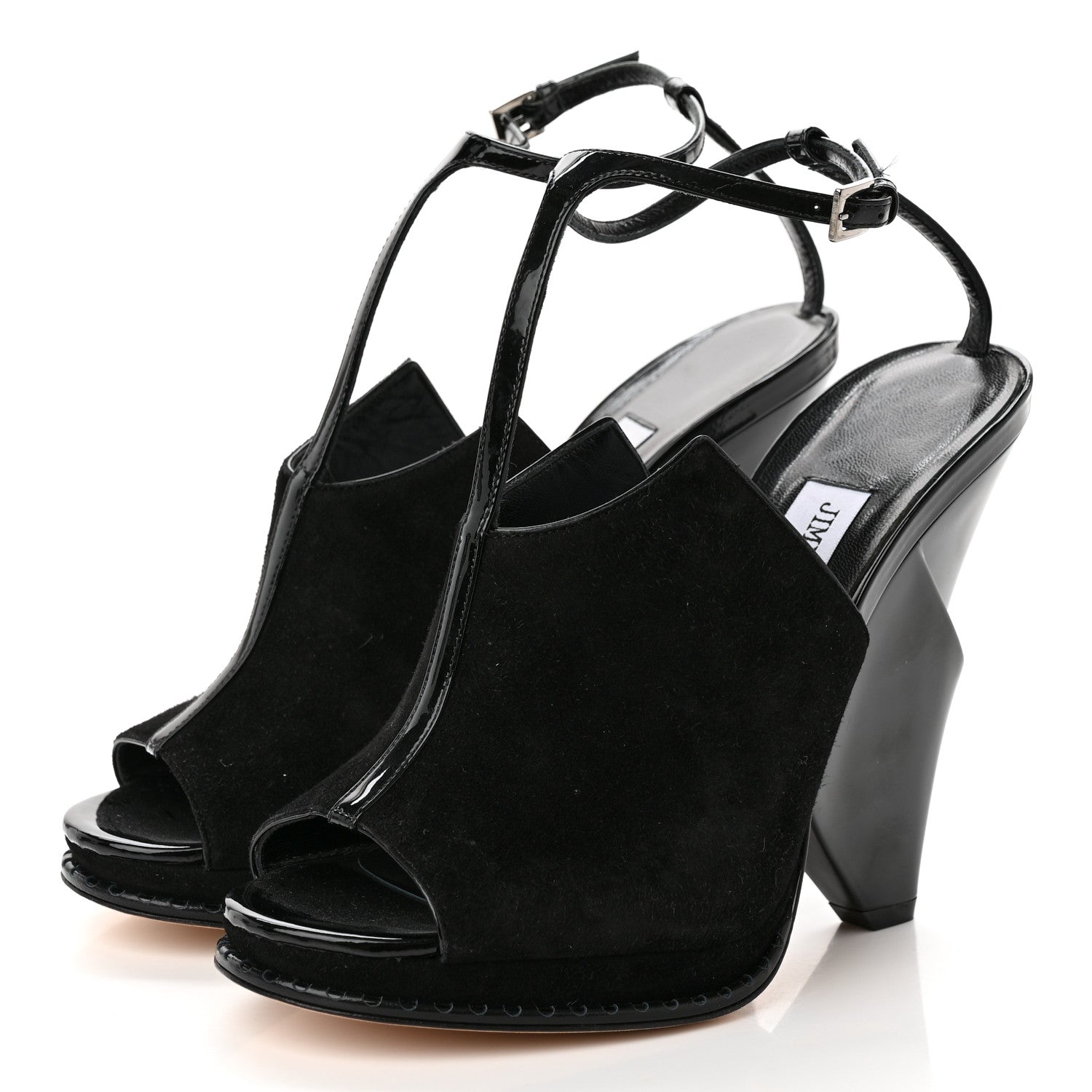 Jimmy Choo Suede Patent Kascade T-Strap Wedge Sandal 37.5 Black 3 of 9