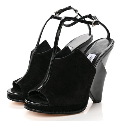 Jimmy Choo Suede Patent Kascade T-Strap Wedge Sandal 37.5 Black 3 of 9