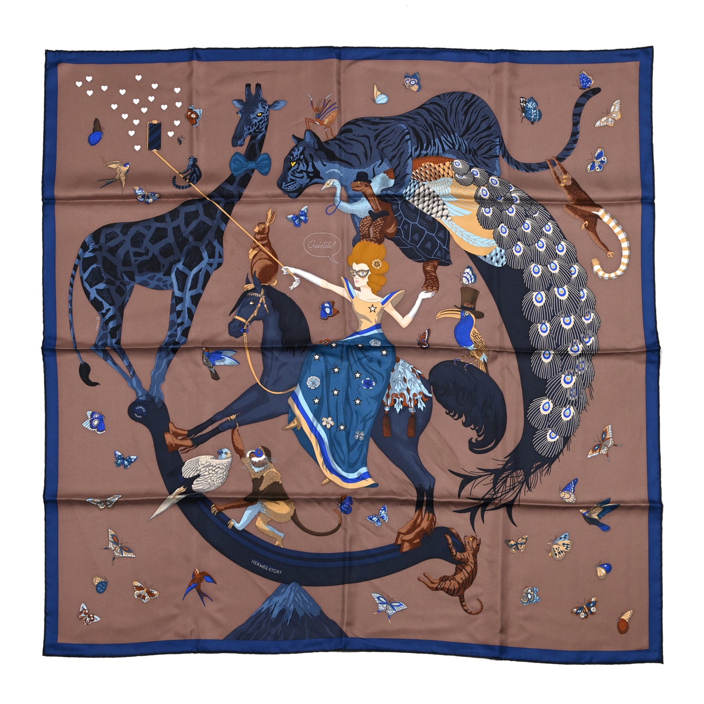Silk Story Scarf 90 Marron Glace Bleu Nuit