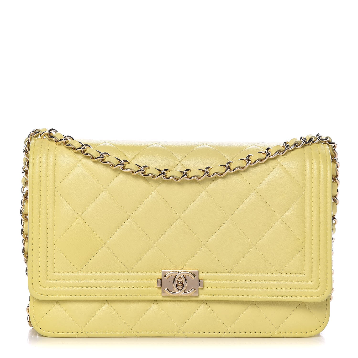 Chanel Lambskin Quilted Boy Wallet On Chain WOC Yellow 1 of 12
