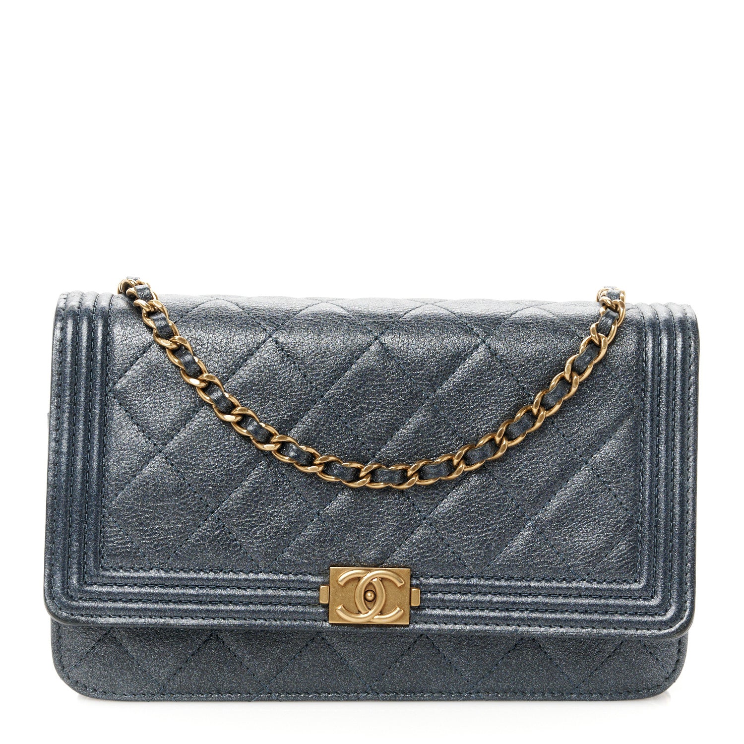 Chanel Metallic Calfskin Quilted Boy Wallet On Chain WOC Navy Blue 1 of 11