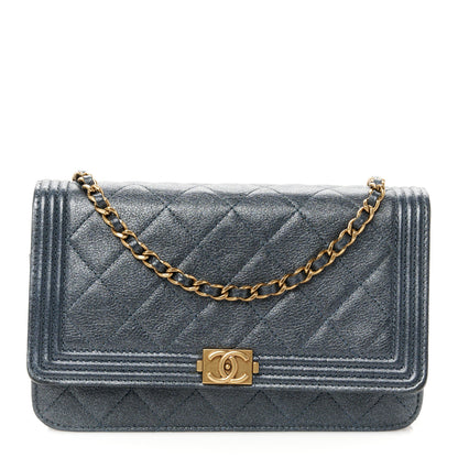 Chanel Metallic Calfskin Quilted Boy Wallet On Chain WOC Navy Blue 1 of 11