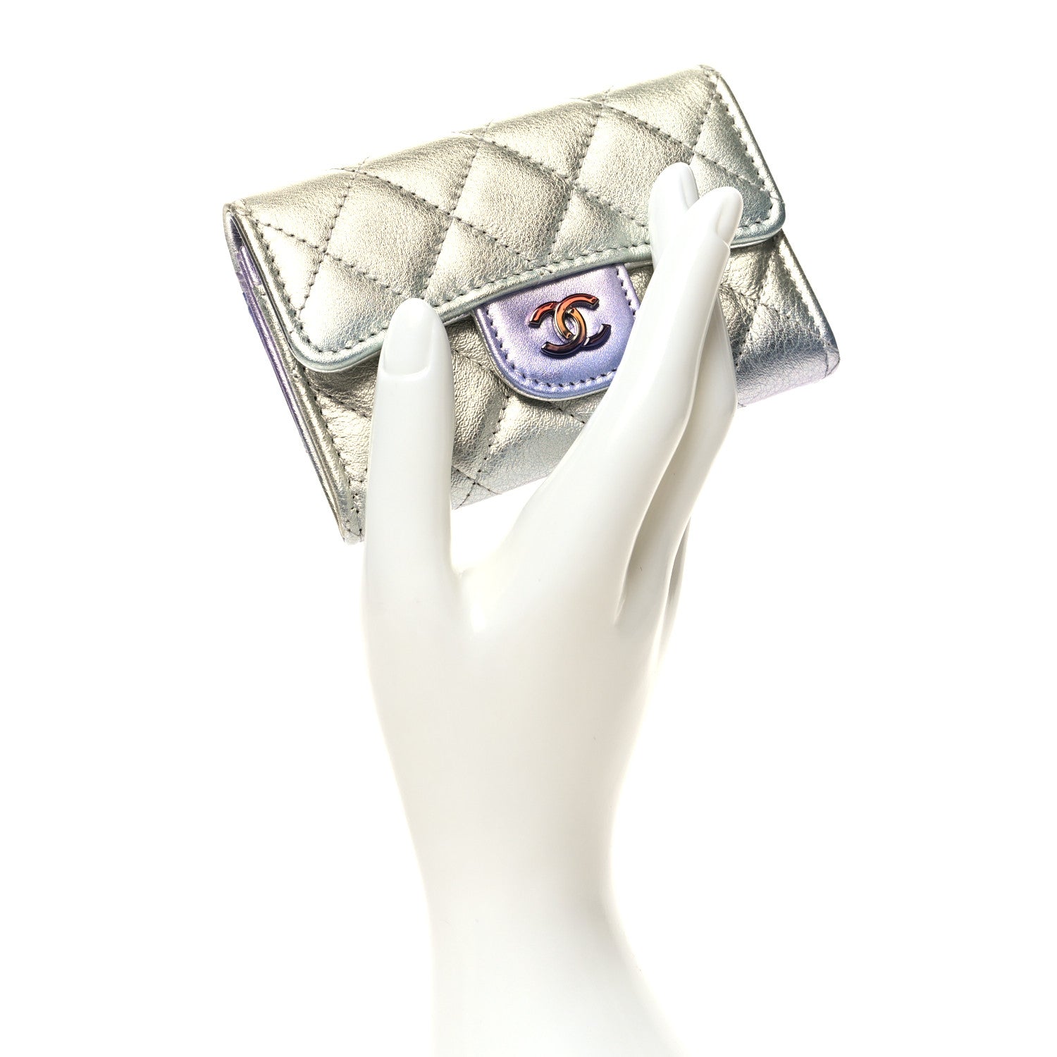 Chanel Gradient Metallic Calfskin Quilted Flap Card Holder Wallet Silver Blue Yellow Purple 2 of 10