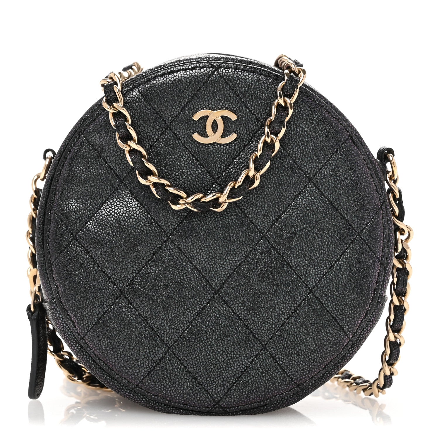 Chanel Iridescent Caviar Quilted Round Clutch With Chain Black 1 of 12