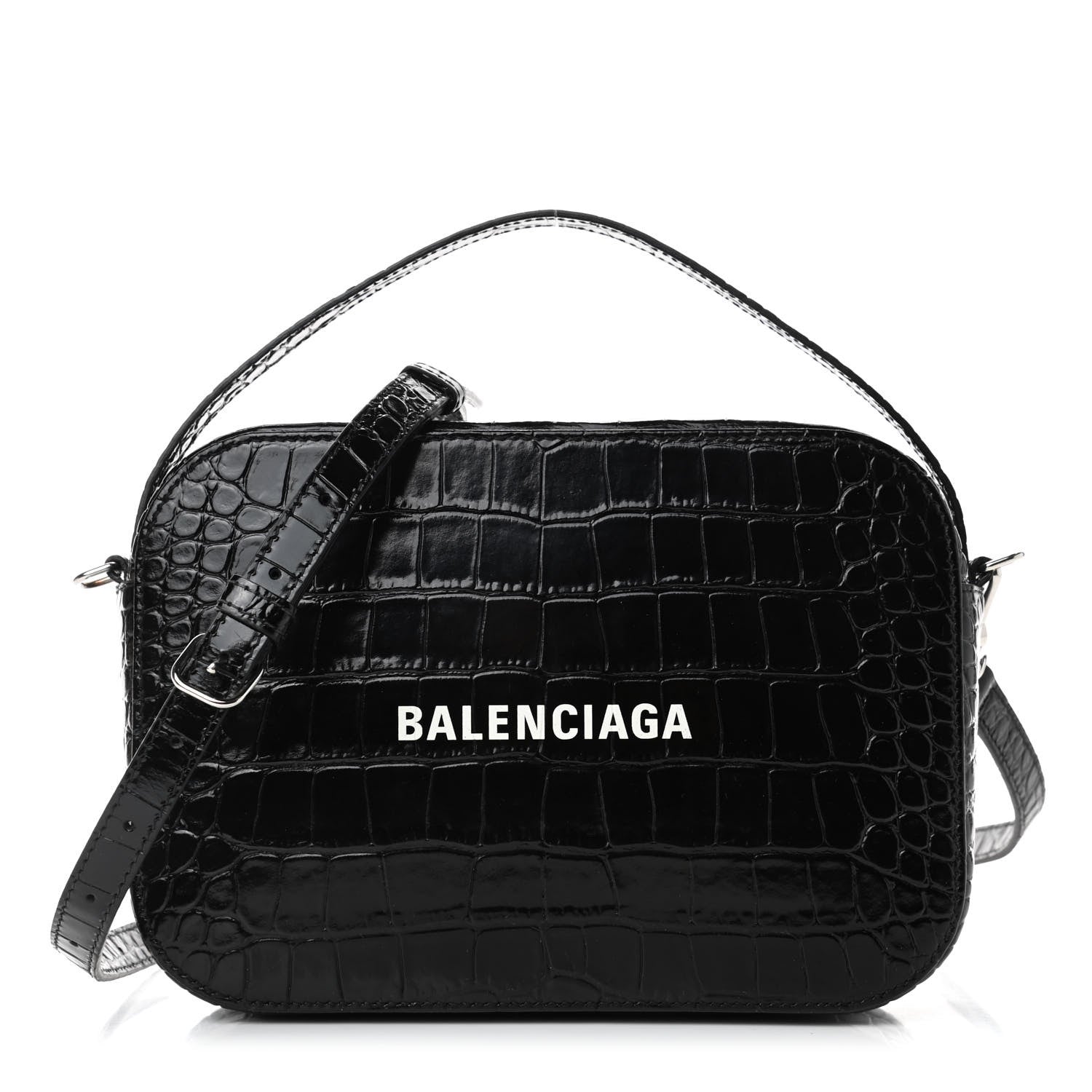 Balenciaga Shiny Calfskin Logo Crocodile Embossed S Everyday Camera Bag with Handle Black 1 of 4