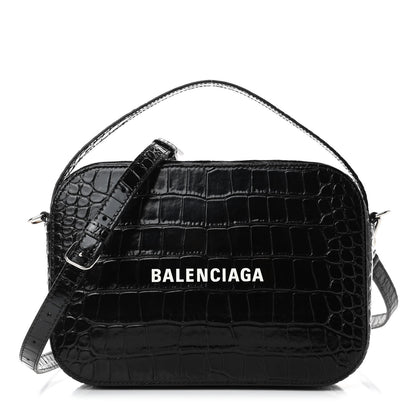 Balenciaga Shiny Calfskin Logo Crocodile Embossed S Everyday Camera Bag with Handle Black 1 of 4
