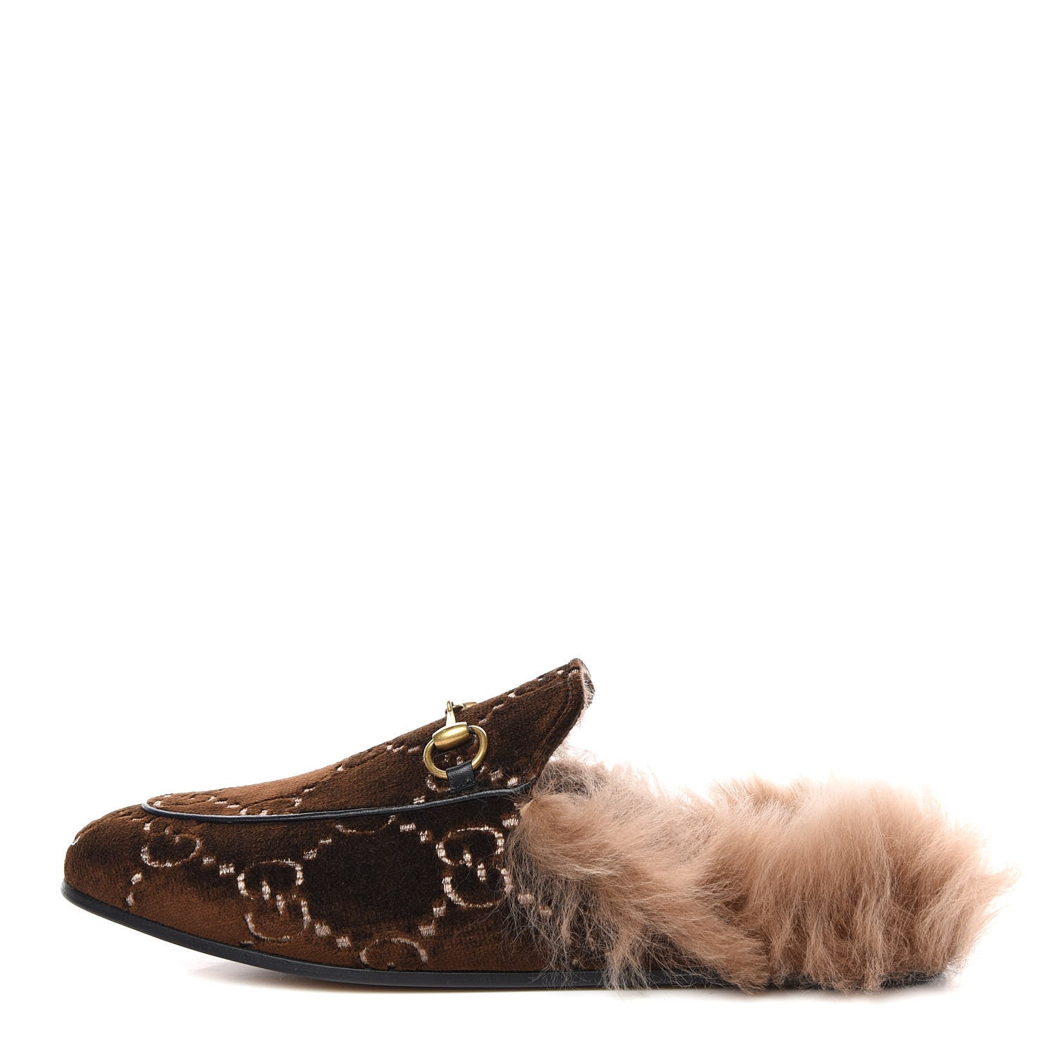 Gucci Velvet GG Monogram Fur Womens Princetown Slippers 38 Brown Black Natural 1 of 8
