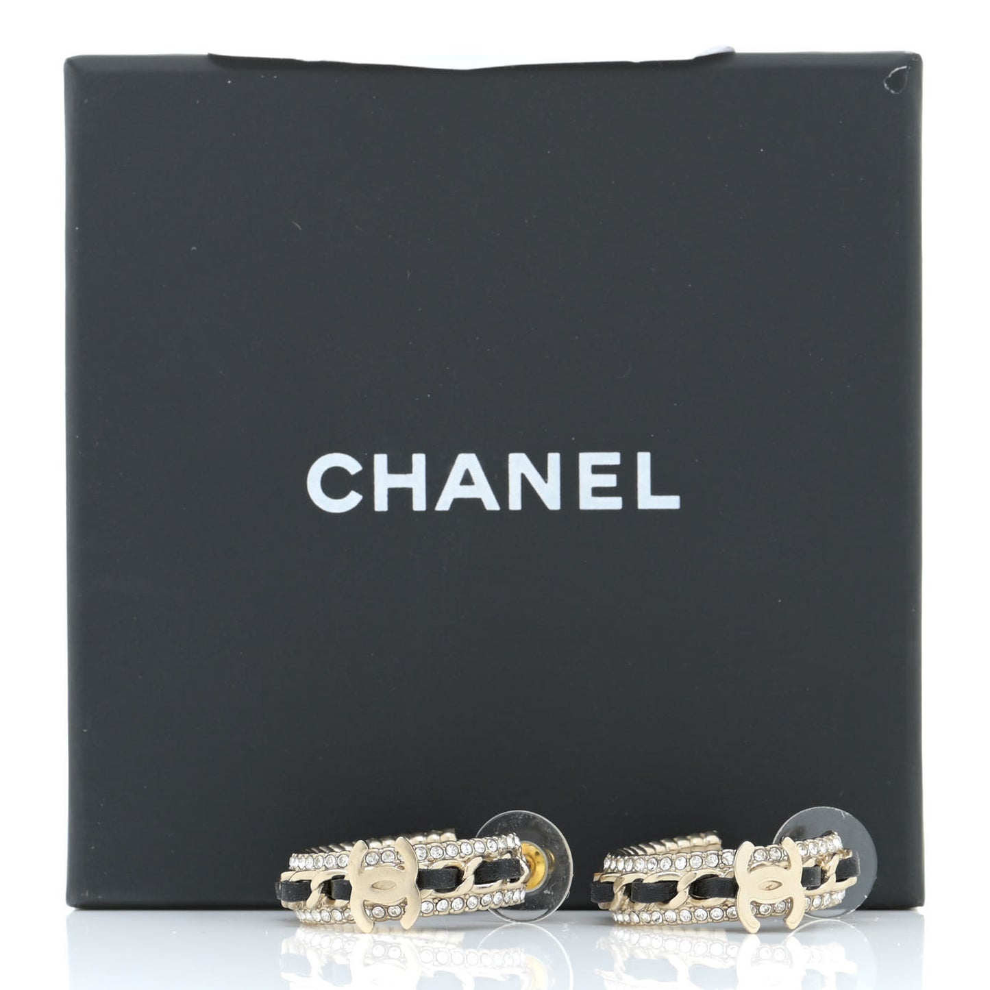 Crystal Lambskin CC Chain Hoop Earrings Gold Black