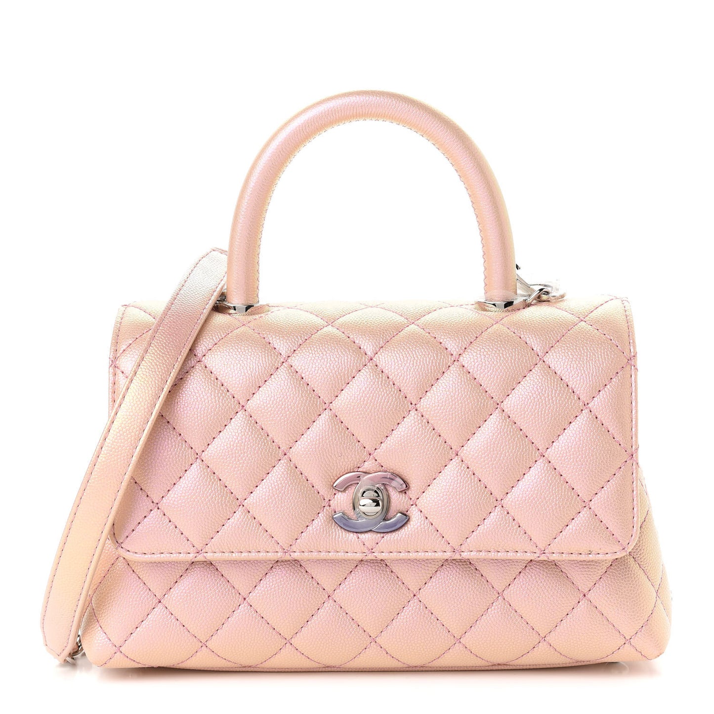 Iridescent Caviar Quilted Mini Coco Handle Flap Pink