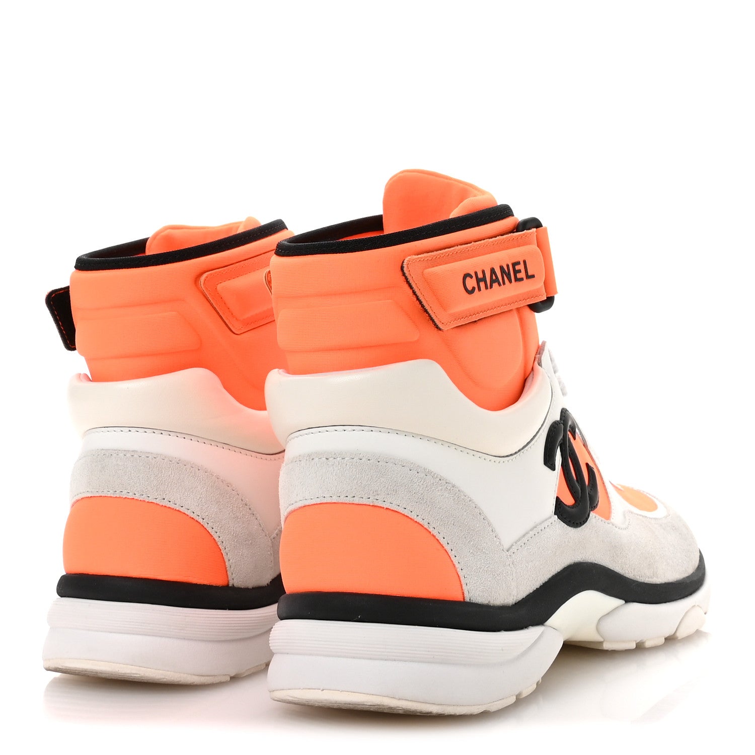 Chanel Suede Calfskin Lambskin Neoprene High Top CC Sneakers 37 White Fluo Orange 5 of 8