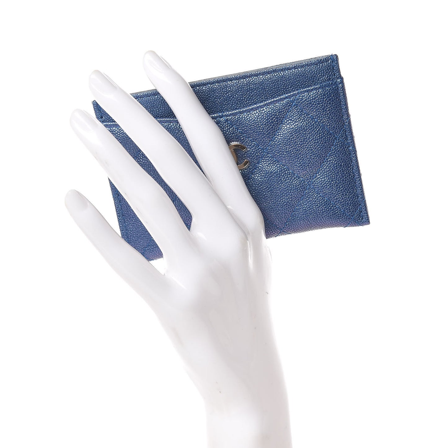 Iridescent Caviar Quilted Card Holder Dark Blue