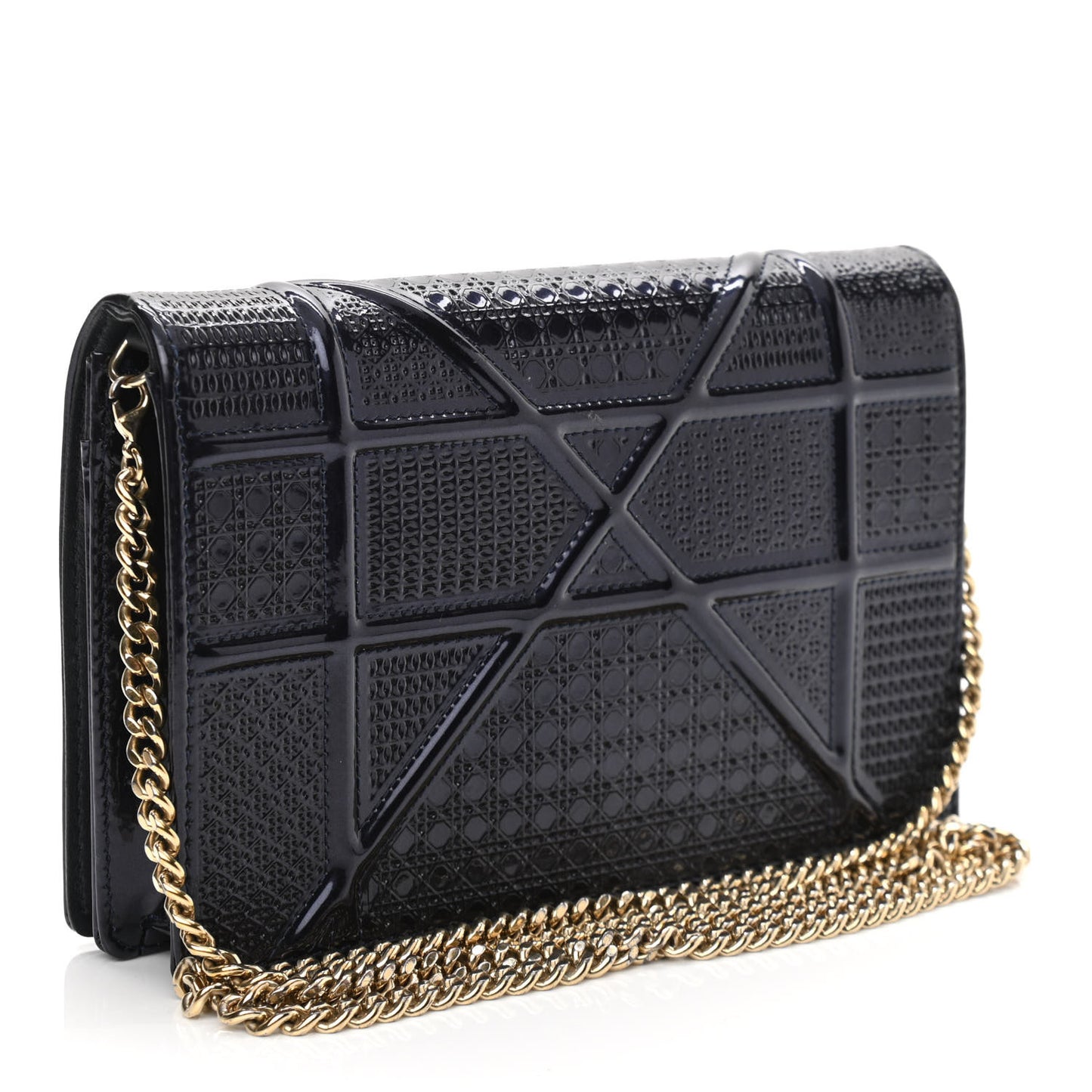 Metallic Patent Micro-Cannage Diorama Wallet on Chain Pouch Navy Blue