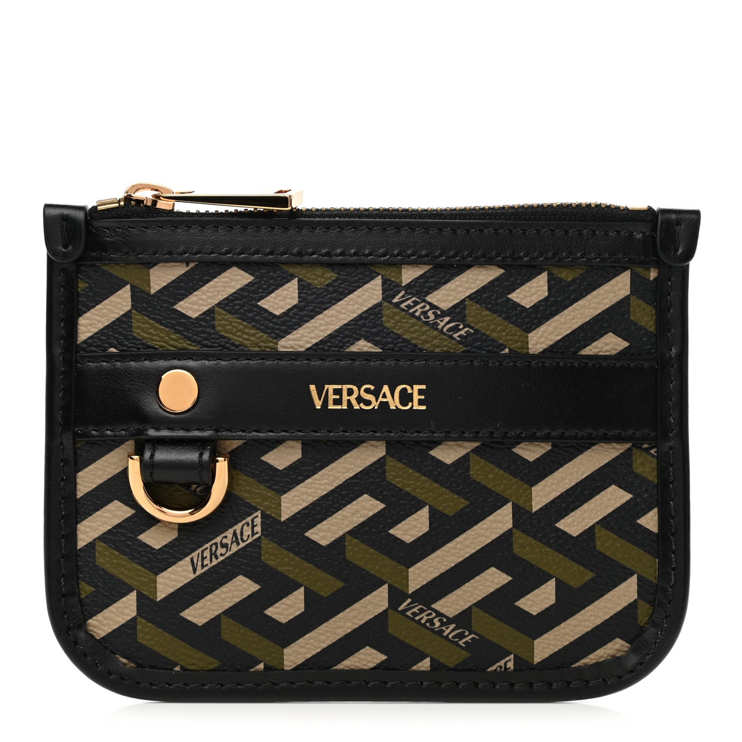 Coated Canvas Calfskin La Greca Modular Zip Pouch Black Green Beige