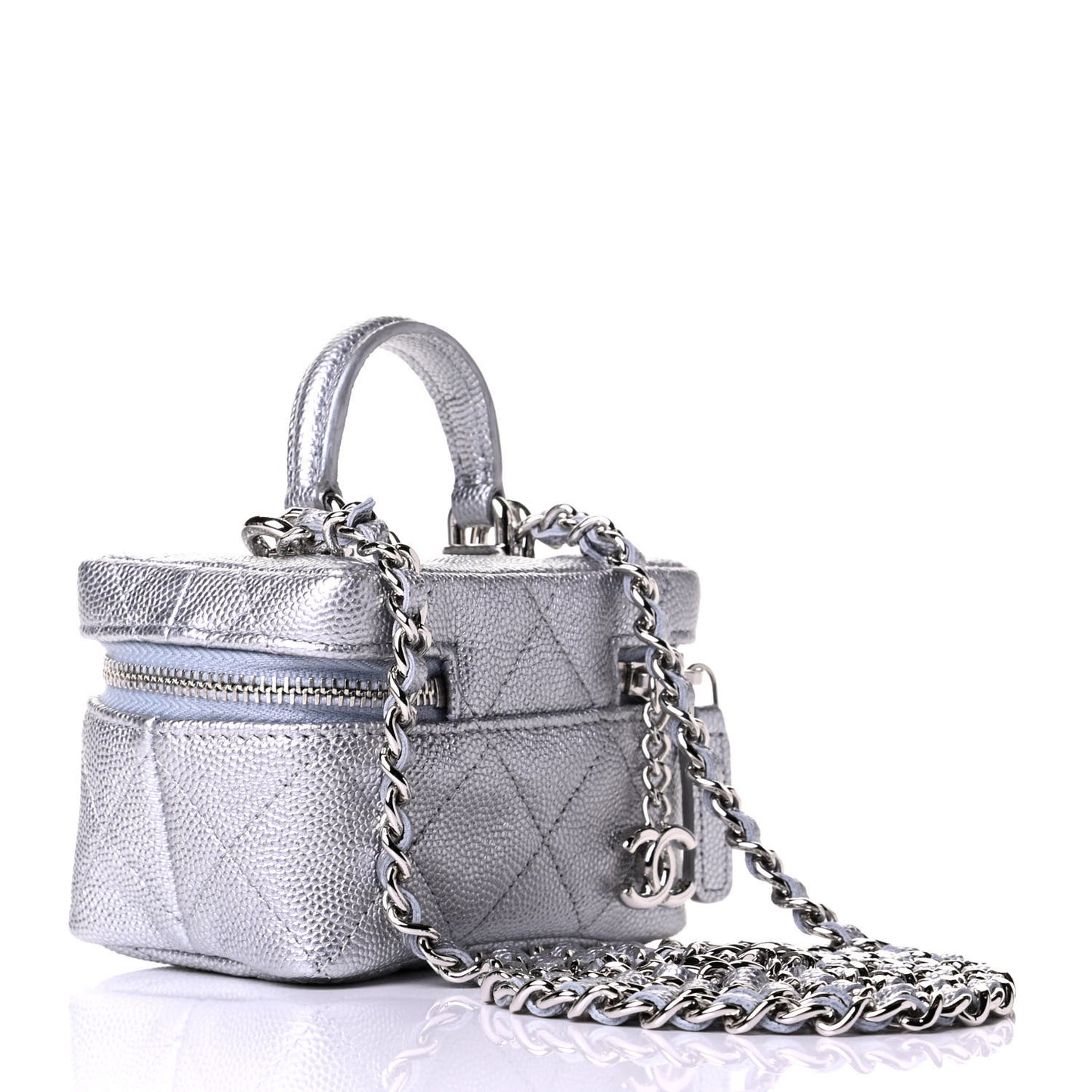 Metallic Caviar Quilted Mini Top Handle Vanity With Chain Silver